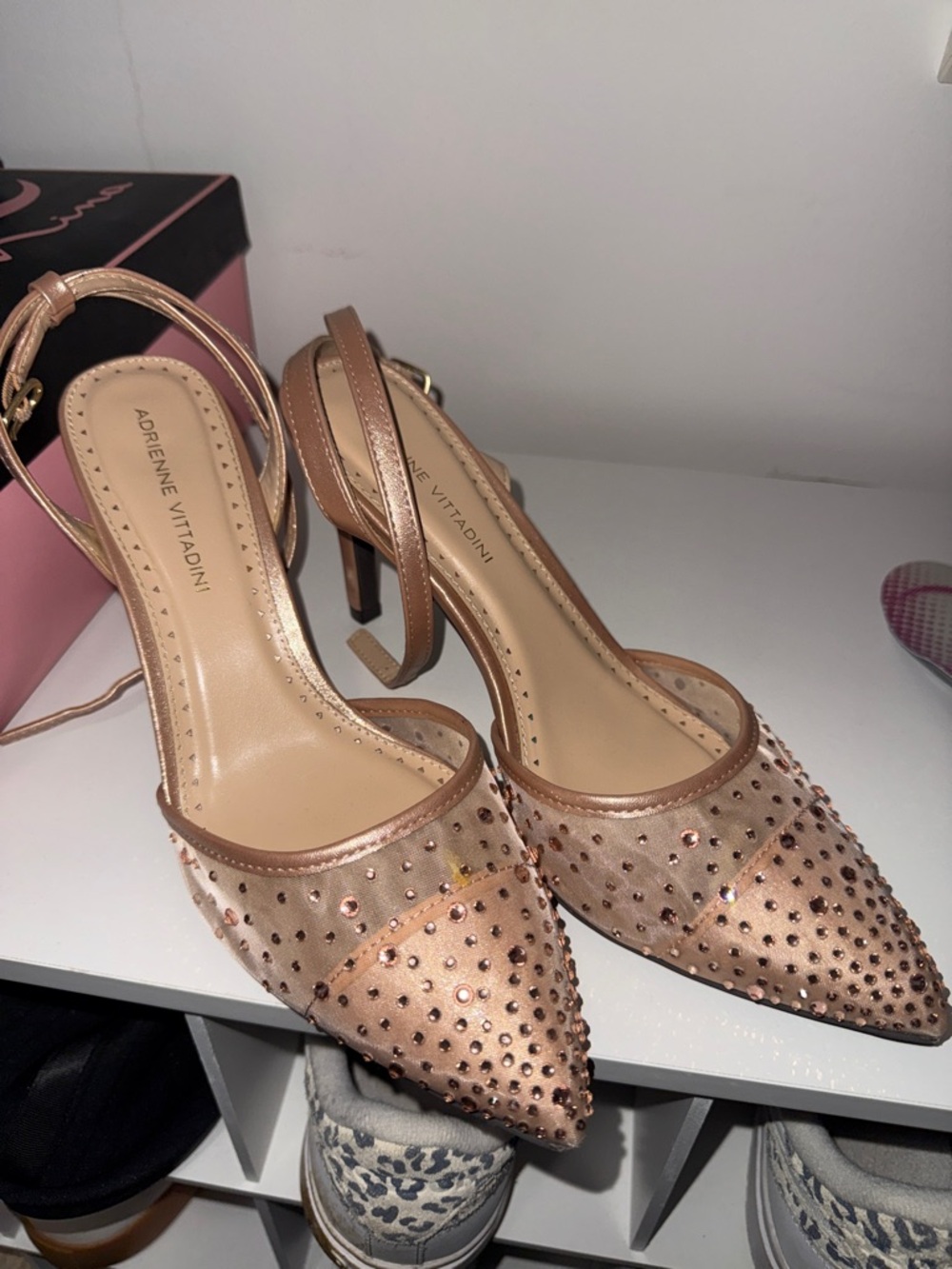 Adrienne Vittadini Rose Gold Crystal-Embellished Pointed Slingback Heels